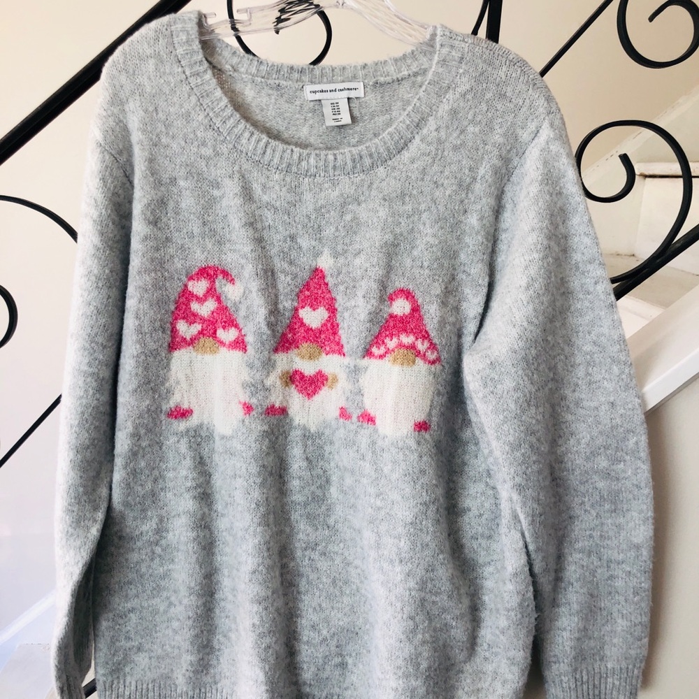 Cupcakes & Cashmere Gray and Pink Crew Neck Sweater with Whimsical Design